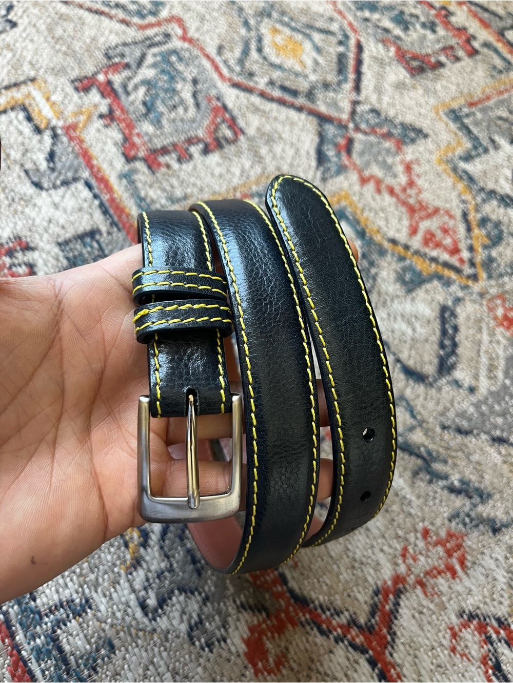 J. Hilburn Men's Blue Leather Belt with Yellow Stitching Size 36